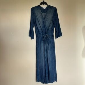 Bella Dahl Casual Boho Light Blue Chambray V-Neck Tie Waist Jumpsuit - Size S